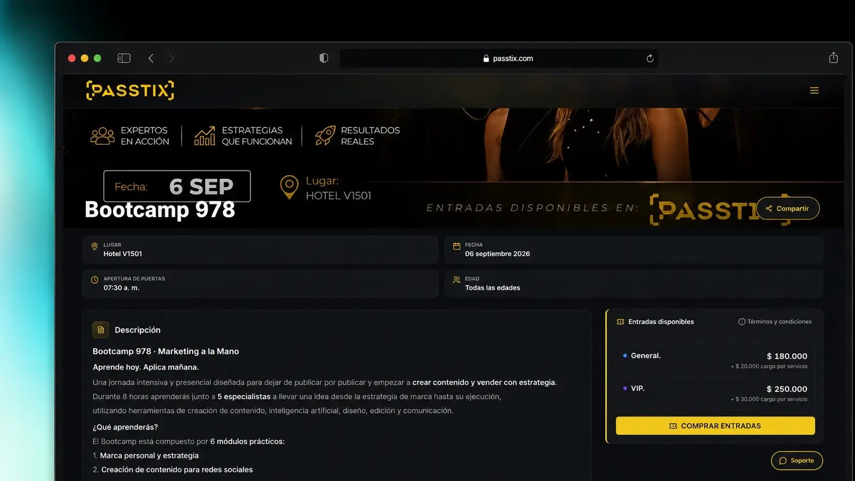 PASSTIX event page with ticket types and checkout